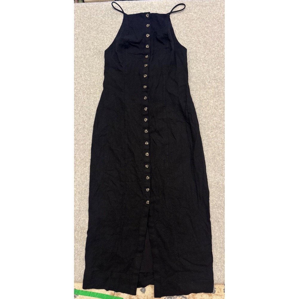 Free People Black Linen Blend Button Front Midi Dress Sleeveless Small Tie Back